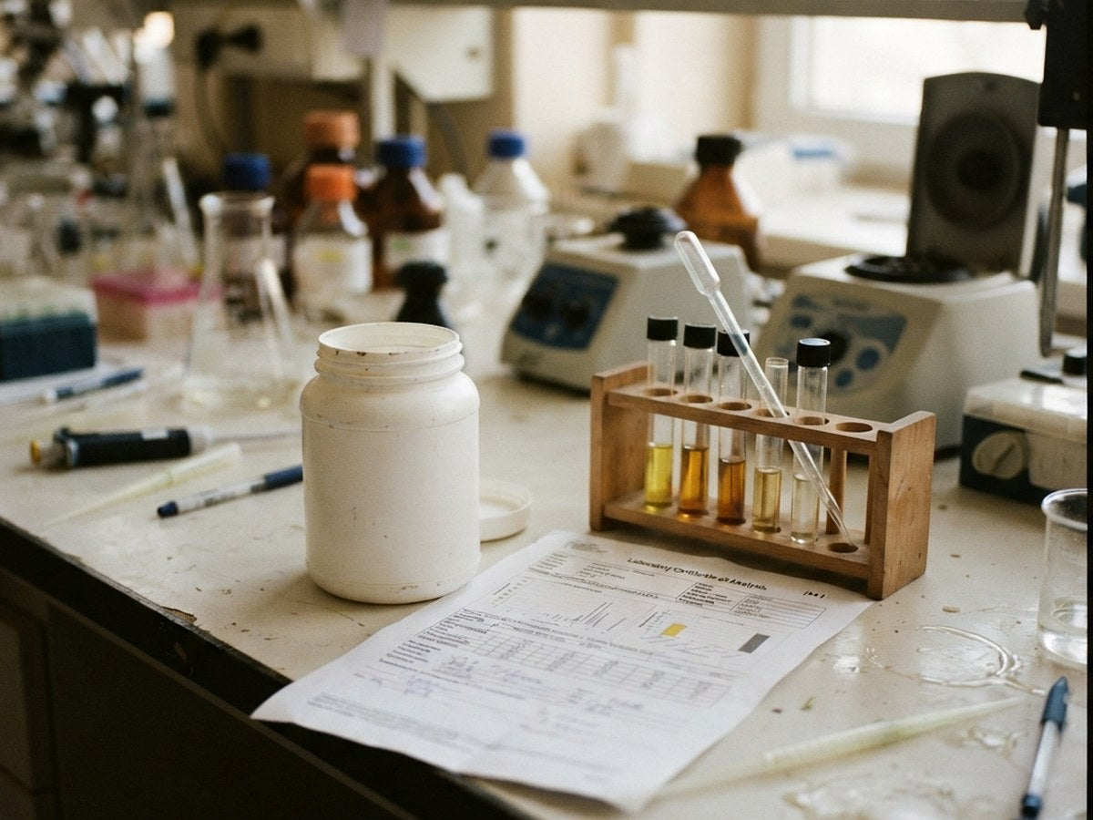 A dog supplement jar undergoing independent laboratory testing beside a certificate of analysis