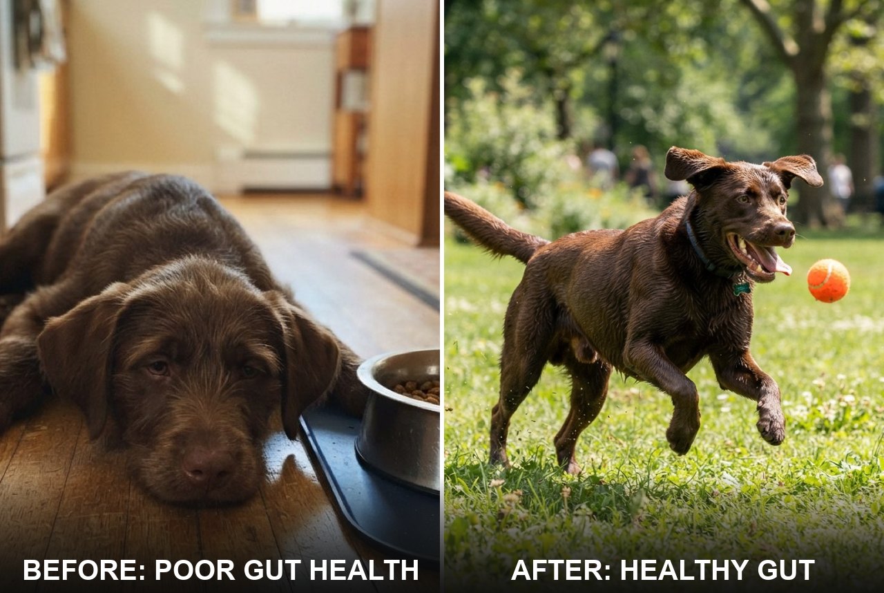 Before and after: a dog with chronic soft stool versus a healthy dog after gut restoration