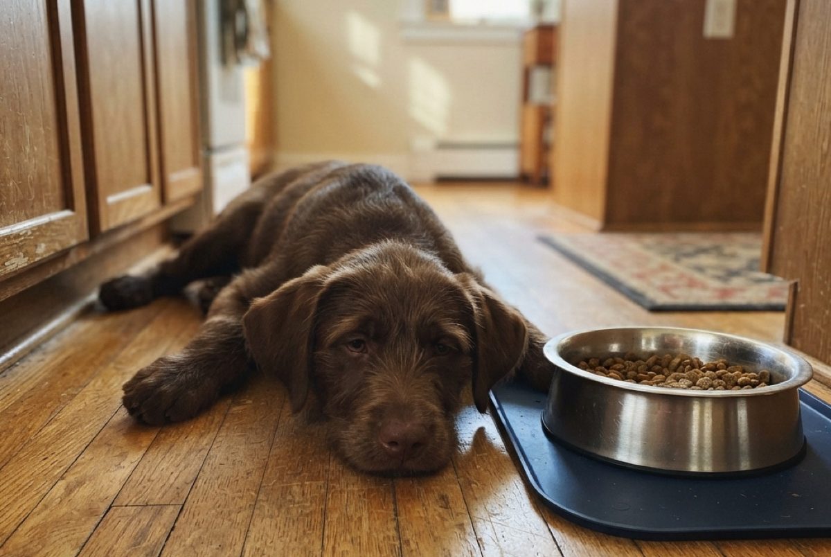 Lab mix lying glum on the kitchen floor next to its food bowl