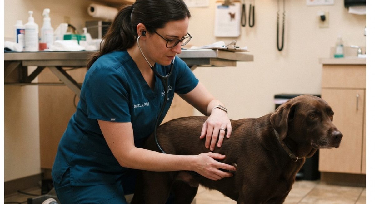 Veterinarian listening to a Lab mix's belly with a stethoscope