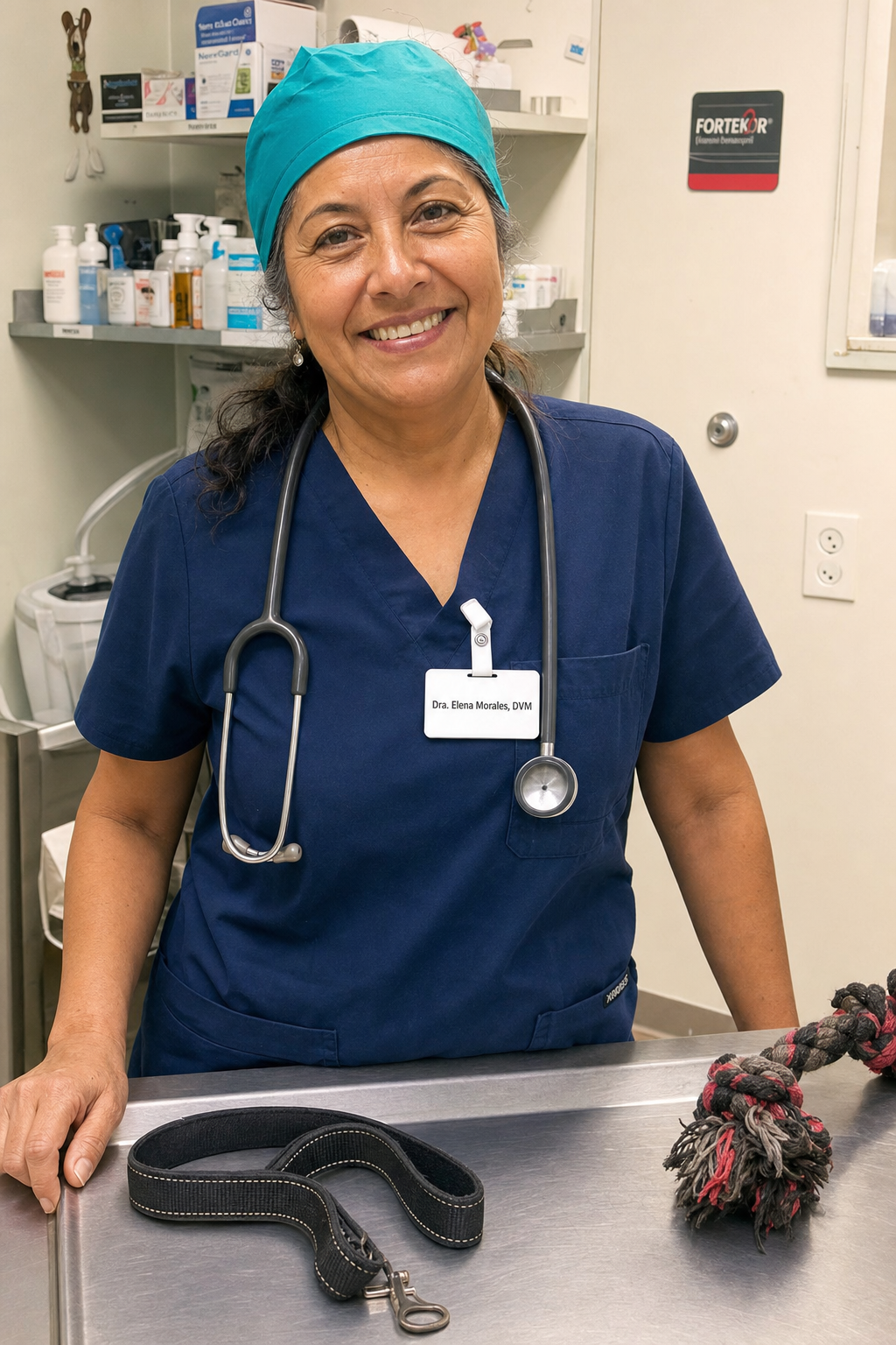 La Dra. Elena Morales, veterinaria, en su clínica