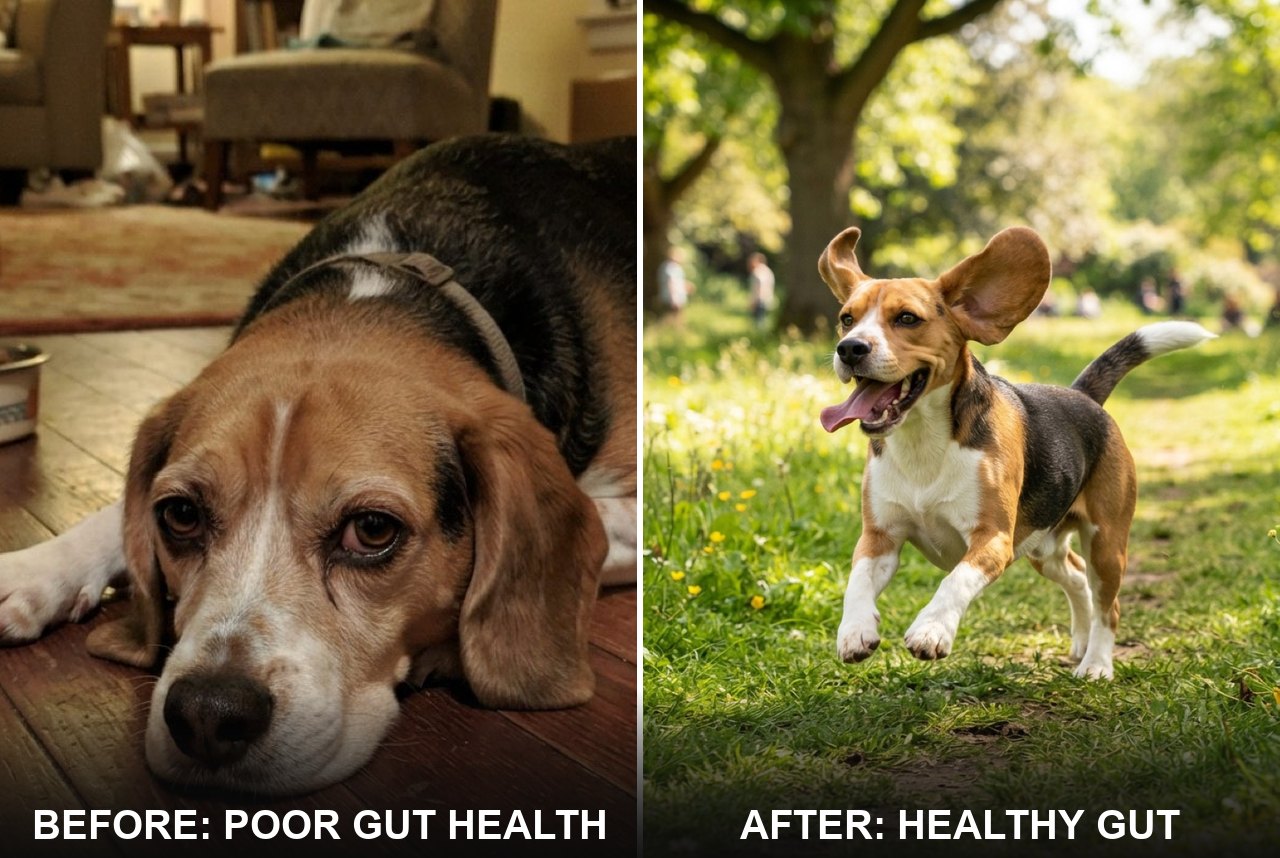 Before and after: a dog with a wrecked gut after antibiotics versus a fully recovered dog