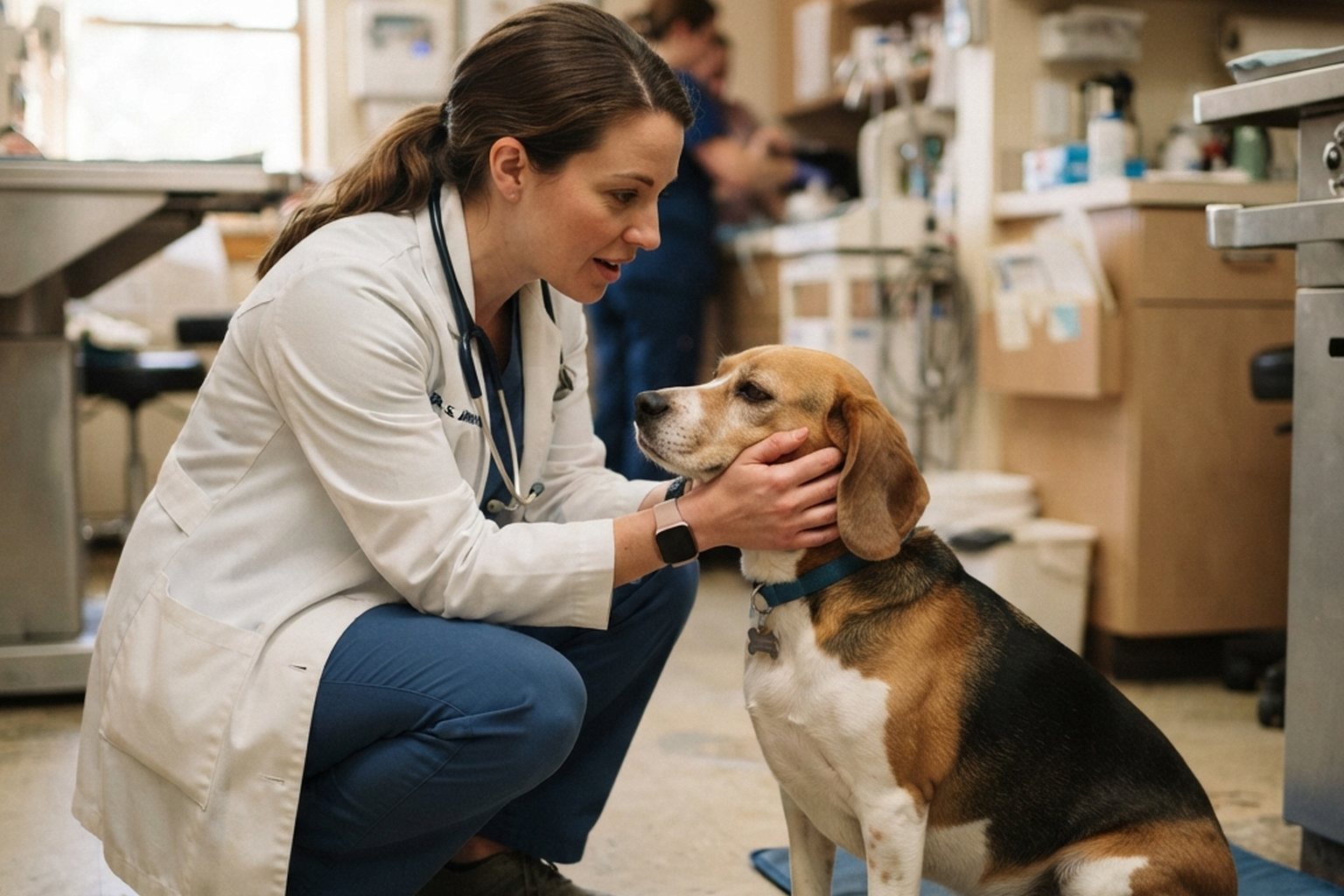 Worried dog owner looking something up while their dog rests nearby