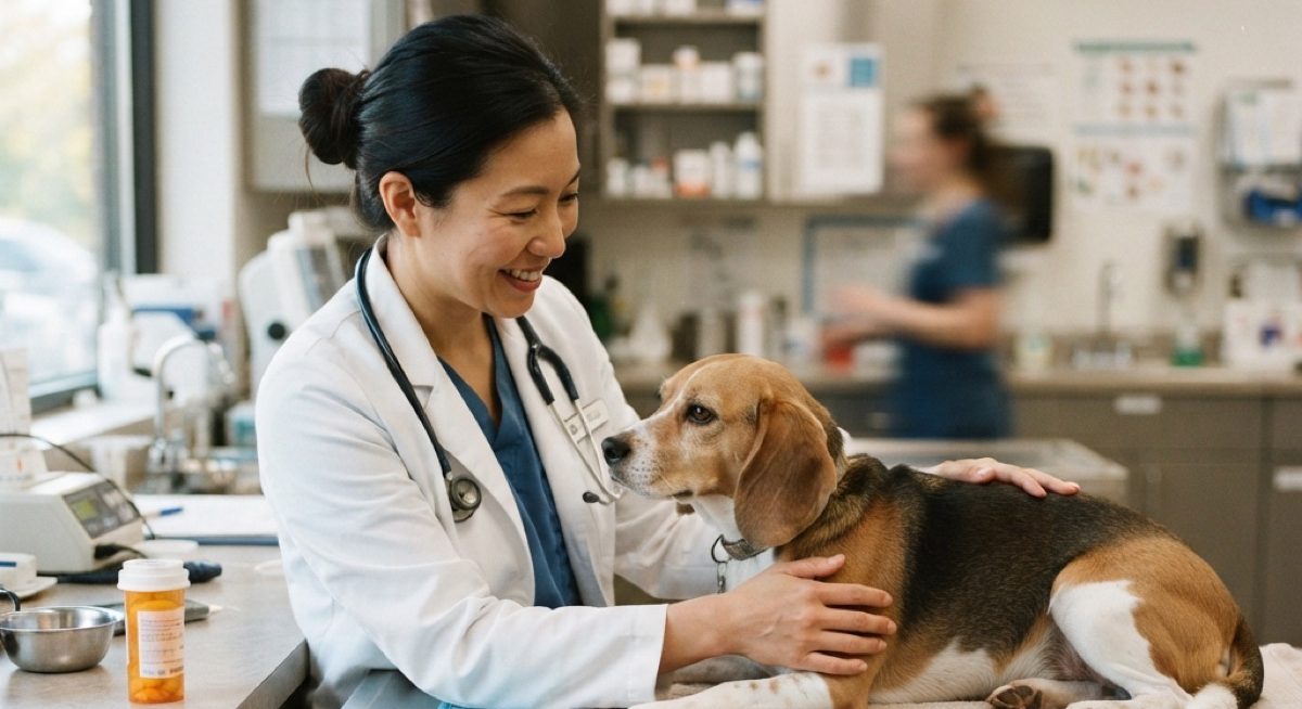 Veterinarian examining a Beagle recovering after antibiotics