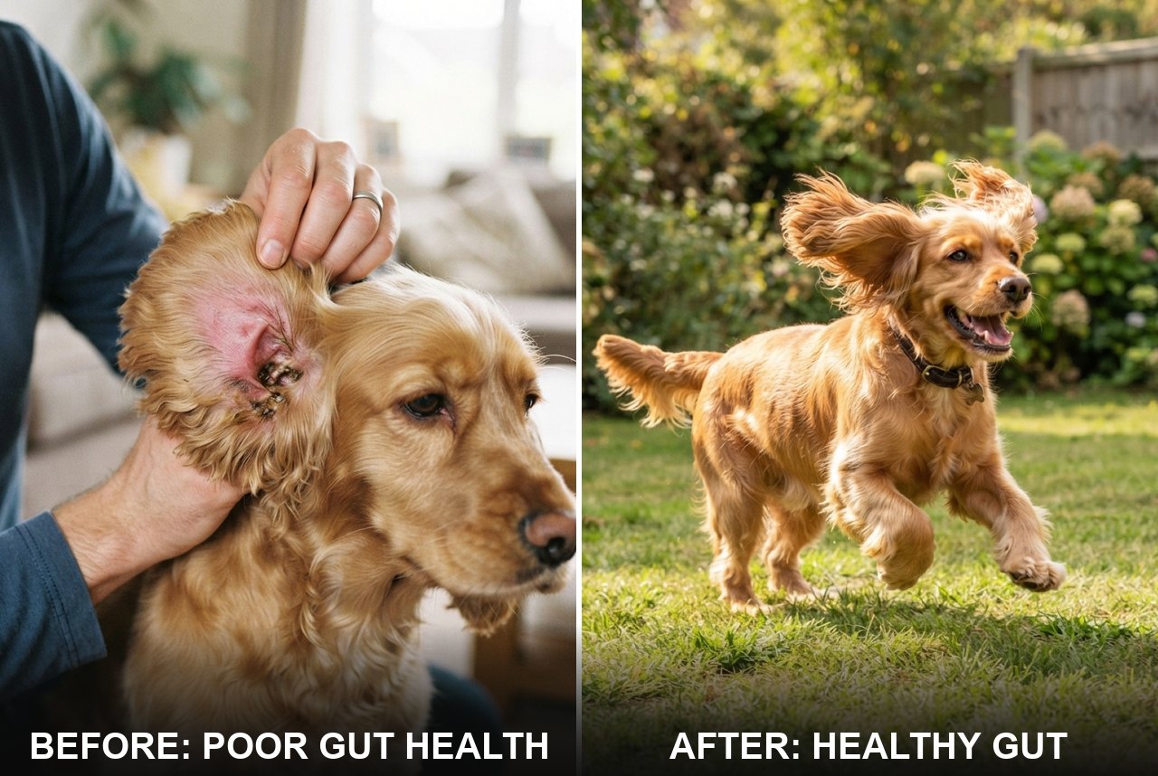 Before and after: a dog's recurring ear infection versus a healthy dog after gut restoration