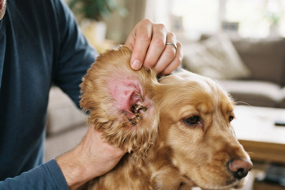 A dog owner lifting the ear of a cocker spaniel to reveal a red, inflamed ear infection with waxy discharge