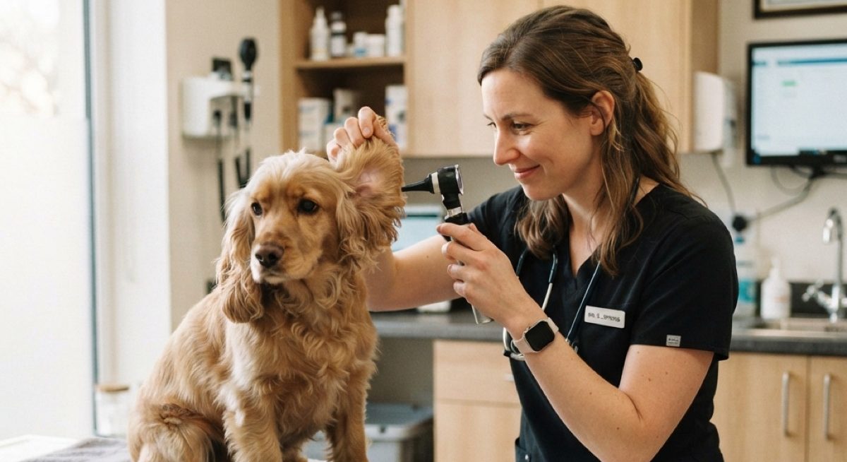 Veterinarian examining a cocker spaniel's ear with an otoscope