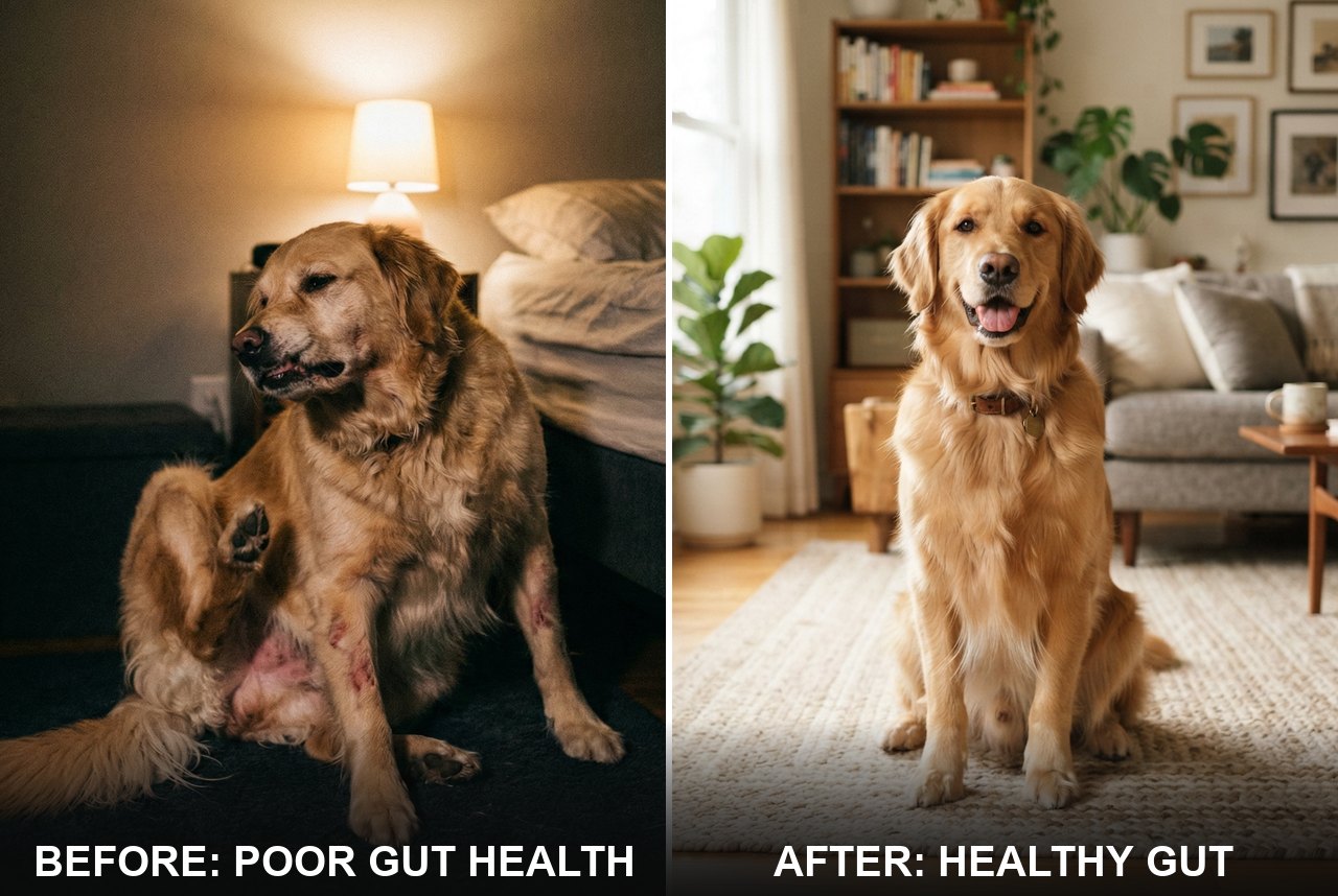 Before and after: a dog with poor gut health versus a healthy dog after gut restoration