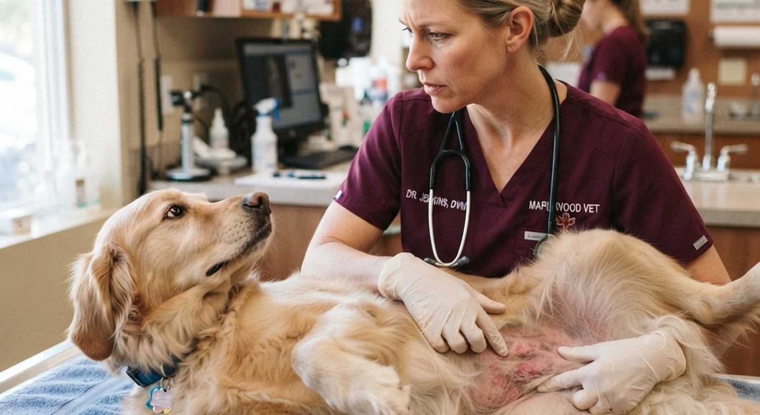 Veterinarian examining the itchy inflamed skin of a golden retriever