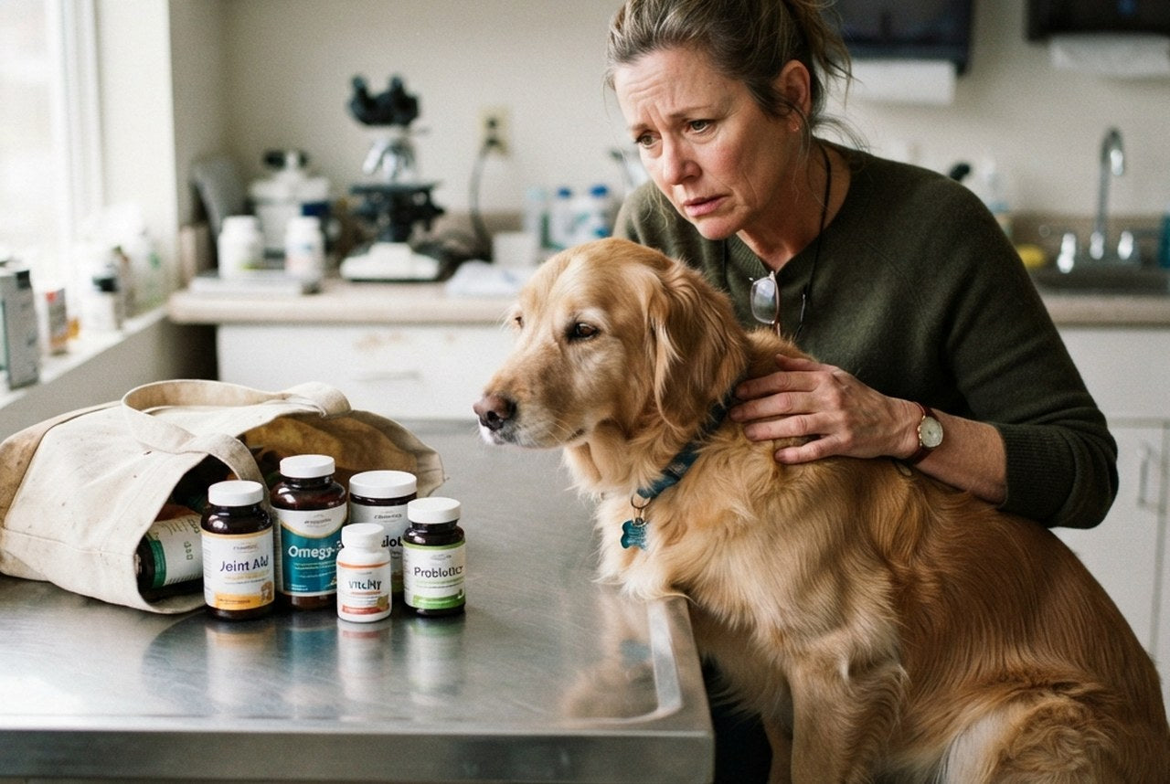 A worried dog owner and her golden retriever beside a handful of failed supplements from a tote bag on a vet exam table