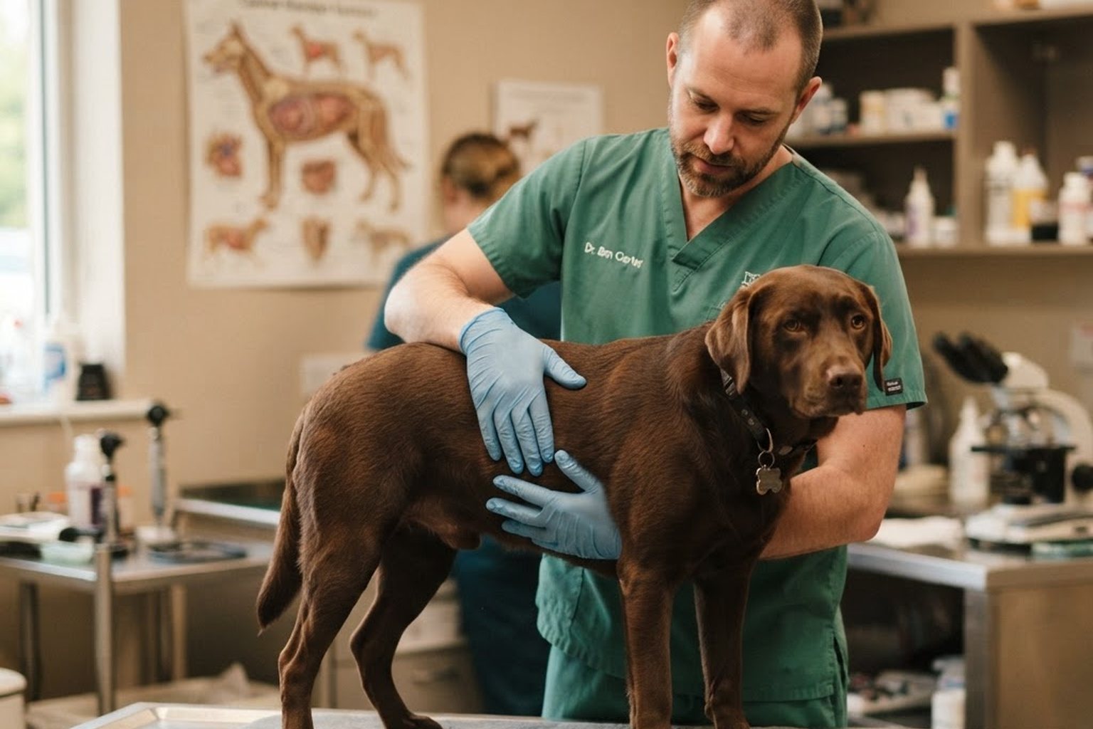Dog owner in the kitchen surrounded by premium dog food bags